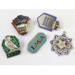 A group of four hallmarked silver and enamel badges and another marked Sterling Silver