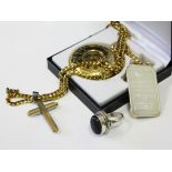 A mixed lot comprising a 1oz silver ingot, a silver ring, a chain and a reproduction pocket watch.