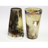 A pair of hallmarked silver mounted horn beakers with glass bases, height 13cm each. (Although not