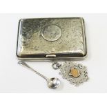 A mixed lot of hallmarked silver comprising a cigarette case, a fob and a mustard spoon.