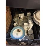 A CRATE OF GLASS AND MASONS CUPS AND PLATES ETC