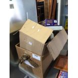 2 BOXES OF KITCHEN ITEMS, DVDS ETC