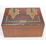 A Victorian amboyna and mahogany sewing box having ivory, abalone and agate inlay. L28.5cm.