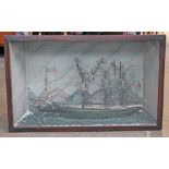 A 19th Century diorama of a three masted sail ship at sea. L83cm.