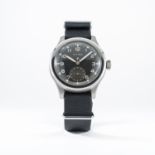 A GENTLEMAN'S STAINLESS STEEL BRITISH MILITARY W.W.W. CYMA WRIST WATCH CIRCA 1940s 
D: Black dial