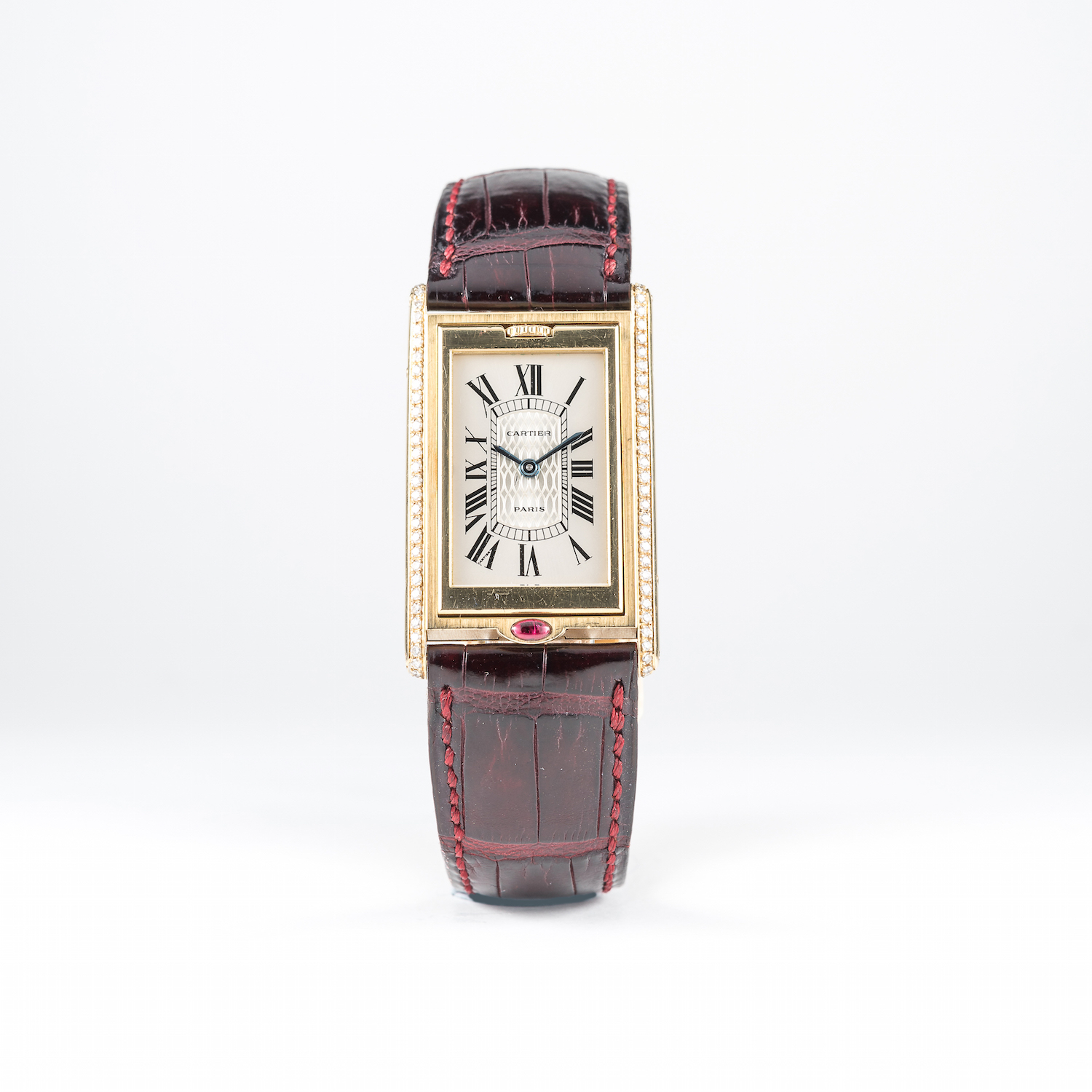 A FINE & RARE GENTLEMAN'S 18K SOLID GOLD & DIAMOND CARTIER TANK BASCULANTE WRIST WATCH CIRCA