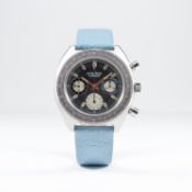 A RARE GENTLEMAN'S STAINLESS STEEL ETERNA CHRONOGRAPH WRIST WATCH CIRCA 1970s 
D: Grey sunburst dial