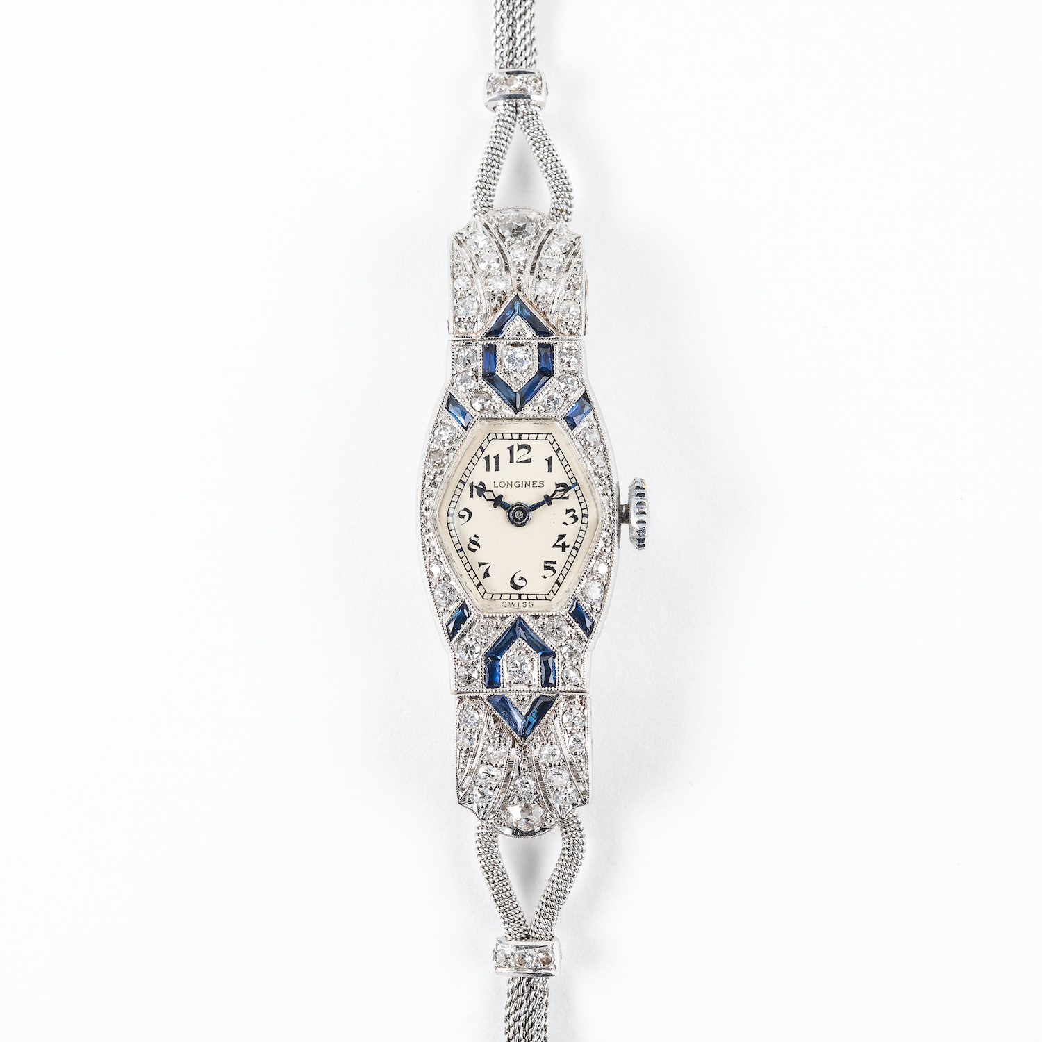 A FINE LADIES PLATINUM, SAPPHIRE & DIAMOND LONGINES COCKTAIL BRACELET WATCH CIRCA 1920 
D: Silver