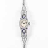 A FINE LADIES PLATINUM, SAPPHIRE & DIAMOND LONGINES COCKTAIL BRACELET WATCH CIRCA 1920 
D: Silver