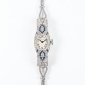 A FINE LADIES PLATINUM, SAPPHIRE & DIAMOND LONGINES COCKTAIL BRACELET WATCH CIRCA 1920 
D: Silver