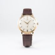 A GENTLEMAN'S LARGE SIZE 18K SOLID GOLD OMEGA AUTOMATIC WRIST WATCH CIRCA 1950, REF. 2618
 
D: