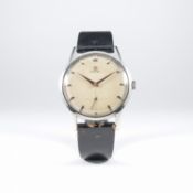 A RARE GENTLEMAN'S LARGE SIZE STAINLESS STEEL OMEGA WRIST WATCH CIRCA 1950, REF. 2272-3 
D: Silver