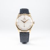 A GENTLEMAN'S 18K SOLID GOLD OMEGA GENEVE WRIST WATCH CIRCA 1954, REF. 2748 
D: Two tone silver
