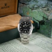 A RARE GENTLEMAN'S STAINLESS STEEL ROLEX OYSTER PERPETUAL EXPLORER BRACELET WATCH DATED 1980 REF.