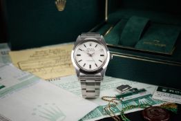 A RARE GENTLEMAN'S STAINLESS STEEL ROLEX OYSTER PERPETUAL MILGAUSS BRACELET WATCH DATED 1989, REF.