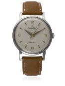 A RARE GENTLEMAN'S STAINLESS STEEL IWC AUTOMATIC WRIST WATCH CIRCA 1950s D: Silver dial with gilt "