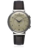 A RARE GENTLEMAN'S STAINLESS STEEL JAEGER LECOULTRE MEMOVOX ALARM WRIST WATCH CIRCA 1950s WITH "