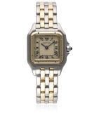 A LADIES STEEL & GOLD CARTIER PANTHERE BRACELET WATCH CIRCA 1990s D: Silver dial with black Roman
