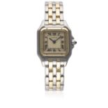 A LADIES STEEL & GOLD CARTIER PANTHERE BRACELET WATCH CIRCA 1990s D: Silver dial with black Roman