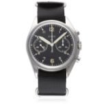 A GENTLEMAN'S STAINLESS STEEL BRITISH MILITARY CWC CHRONOGRAPH WRIST WATCH DATED 1973  D: Black dial