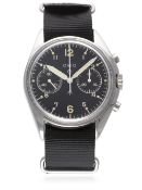 A GENTLEMAN'S STAINLESS STEEL BRITISH MILITARY CWC CHRONOGRAPH WRIST WATCH DATED 1973  D: Black dial