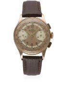 A GENTLEMAN'S 18K SOLID ROSE GOLD KELBERT CHRONOGRAPH WRIST WATCH CIRCA 1940s D: Two tone dial