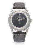 A GENTLEMAN`S STAINLESS STEEL UNIVERSAL GENEVE POLEROUTER WRIST WATCH CIRCA 1950s D: Black cross