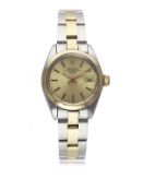 A LADIES STEEL & GOLD ROLEX OYSTER PERPETUAL DATE BRACELET WATCH CIRCA 1975, REF. 6916   D: