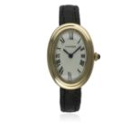 A FINE LADIES 18K SOLID GOLD CARTIER BAIGNOIRE WRIST WATCH CIRCA 1970s D: White dial with black