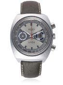 A GENTLEMAN’S LANCO CHRONOGRAPH WRIST WATCH CIRCA 1970s D: Silver & grey "bow tie" dial, double