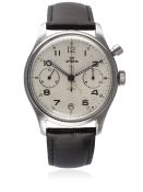 A GENTLEMAN'S STAINLESS STEEL BRITISH MILITARY ROYAL NAVY LEMANIA SINGLE BUTTON CHRONOGRAPH PILOTS