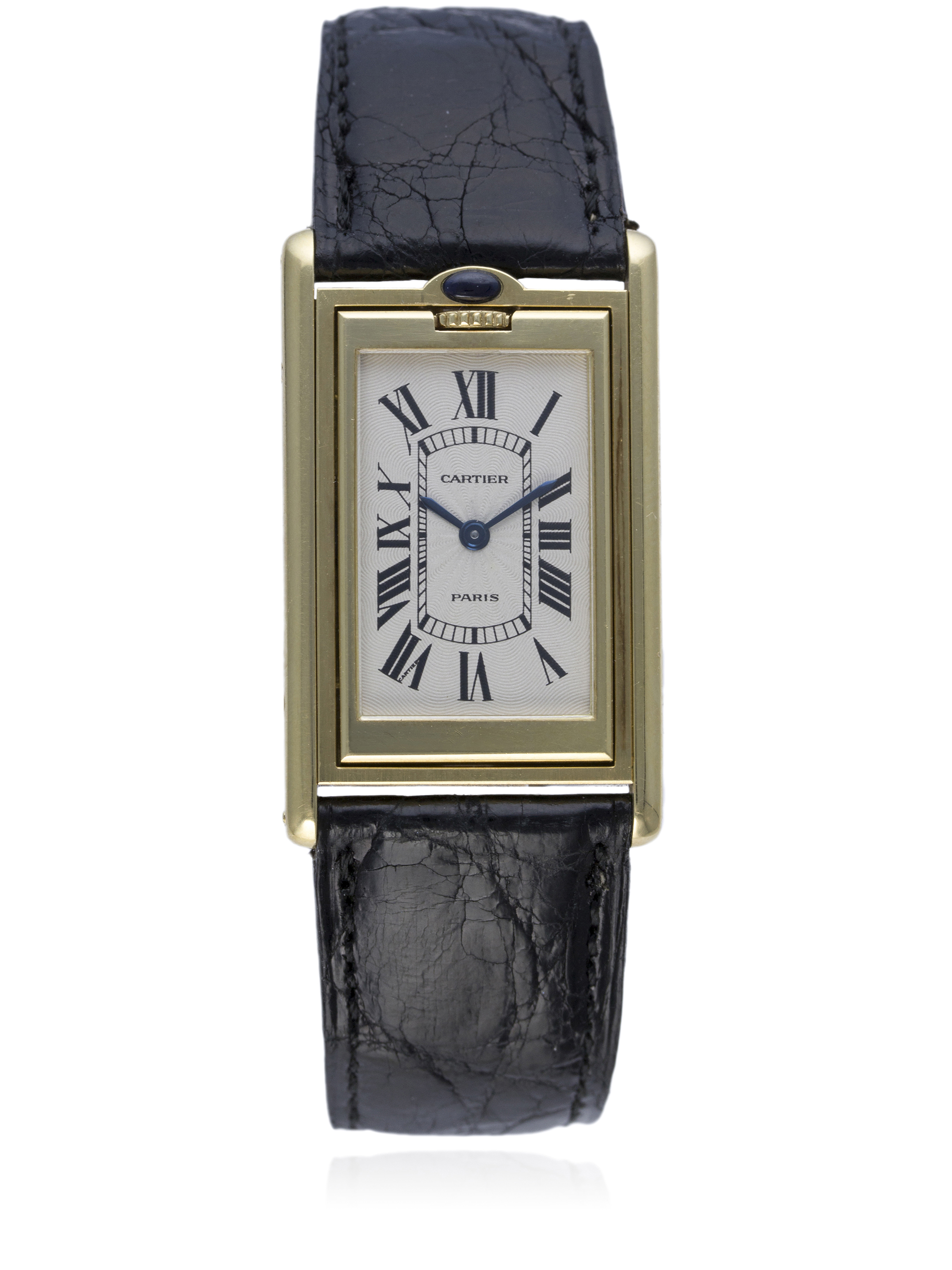 A RARE GENTLEMAN'S 18K SOLID GOLD CARTIER TANK BASCULANTE WRIST WATCH CIRCA 1990s D: Silver