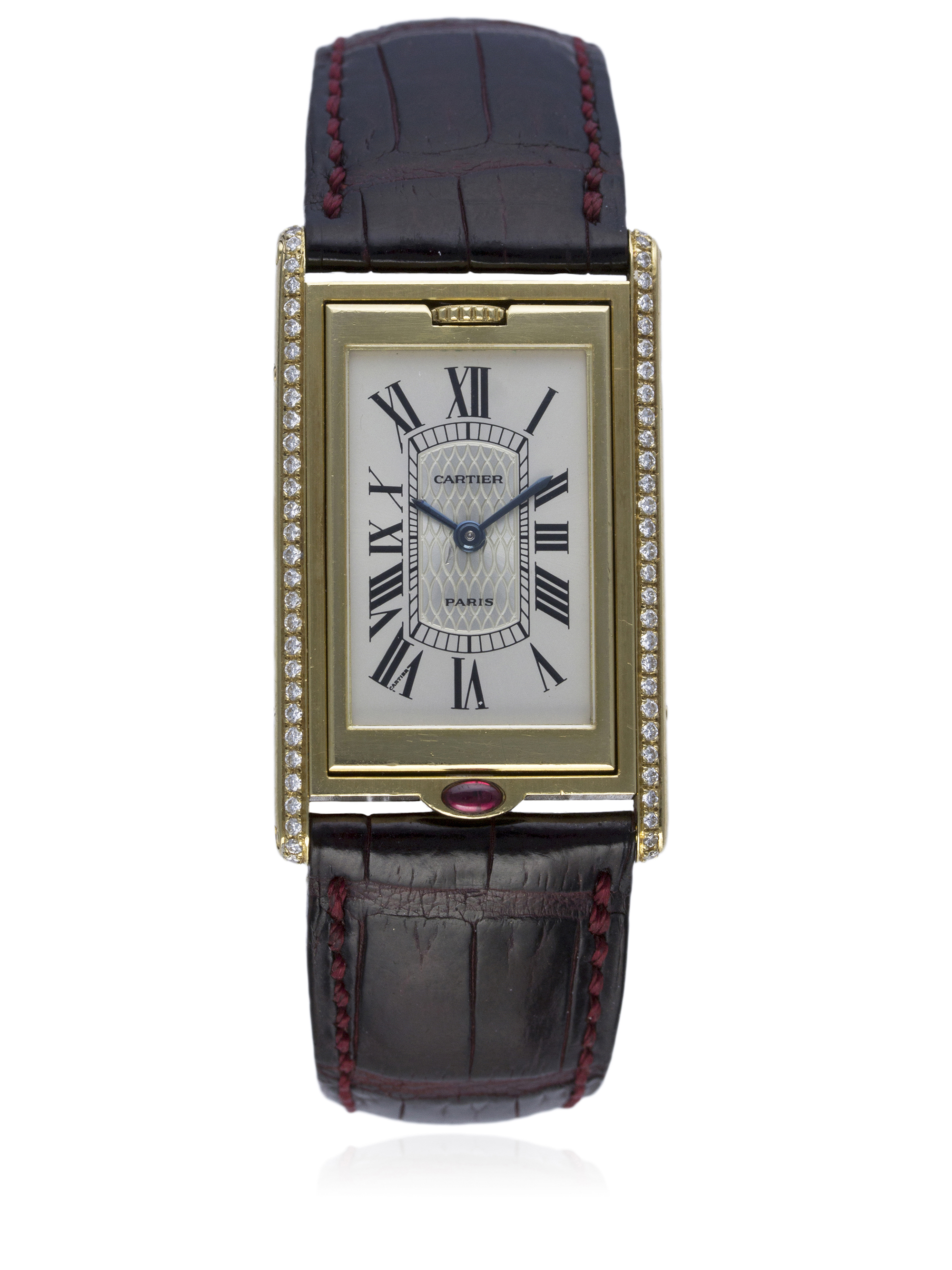 A FINE & RARE GENTLEMAN'S 18K SOLID GOLD & DIAMOND CARTIER TANK BASCULANTE WRIST WATCH CIRCA