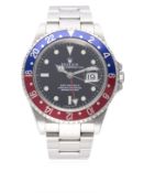 A GENTLEMAN’S STAINLESS STEEL ROLEX OYSTER PERPETUAL DATE GMT MASTER II BRACELET WATCH CIRCA 2002,