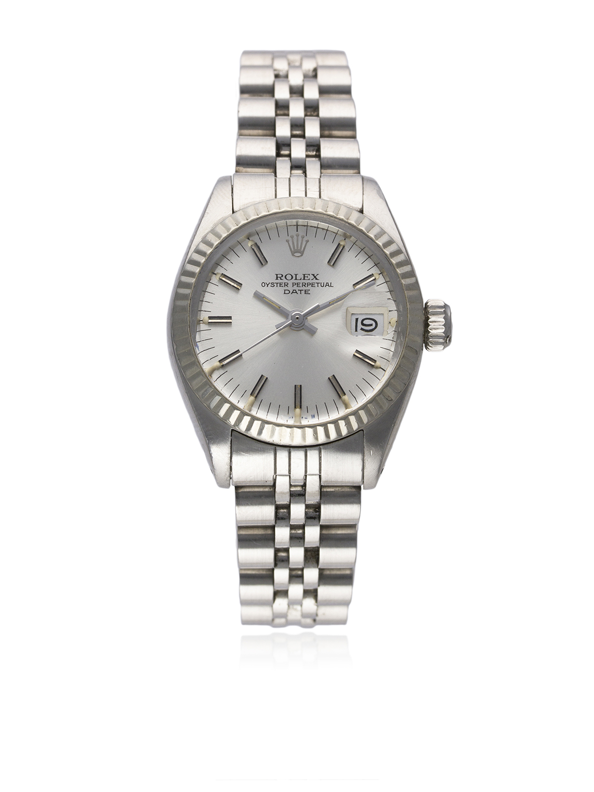 A LADIES STEEL & WHITE GOLD ROLEX OYSTER PERPETUAL DATE BRACELET WATCH CIRCA 1979, REF. 6917 D: