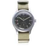 A GENTLEMAN'S STAINLESS STEEL BRITISH MILITARY W.W.W. CYMA WRIST WATCH CIRCA 1940s D: Black dial