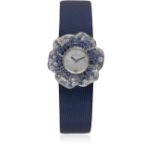 A LADIES 18K SOLID WHITE GOLD WITH DIAMONDS & SAPPHIRES CHANEL CAMELIA WRIST WATCH DATED 2011,