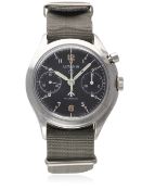 A RARE GENTLEMAN'S STAINLESS STEEL BRITISH MILITARY RAF LEMANIA SINGLE BUTTON CHRONOGRAPH PILOTS