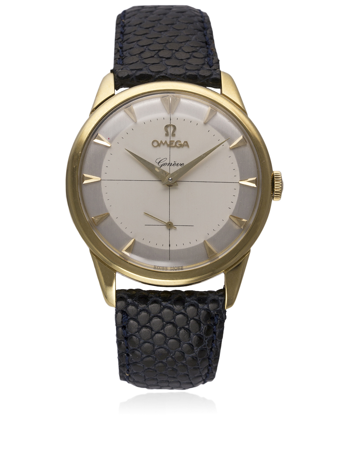 A GENTLEMAN'S 18K SOLID GOLD OMEGA GENEVE WRIST WATCH CIRCA 1954, REF. 2748 D: Two tone silver cross