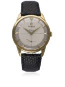 A GENTLEMAN'S 18K SOLID GOLD OMEGA GENEVE WRIST WATCH CIRCA 1954, REF. 2748 D: Two tone silver cross