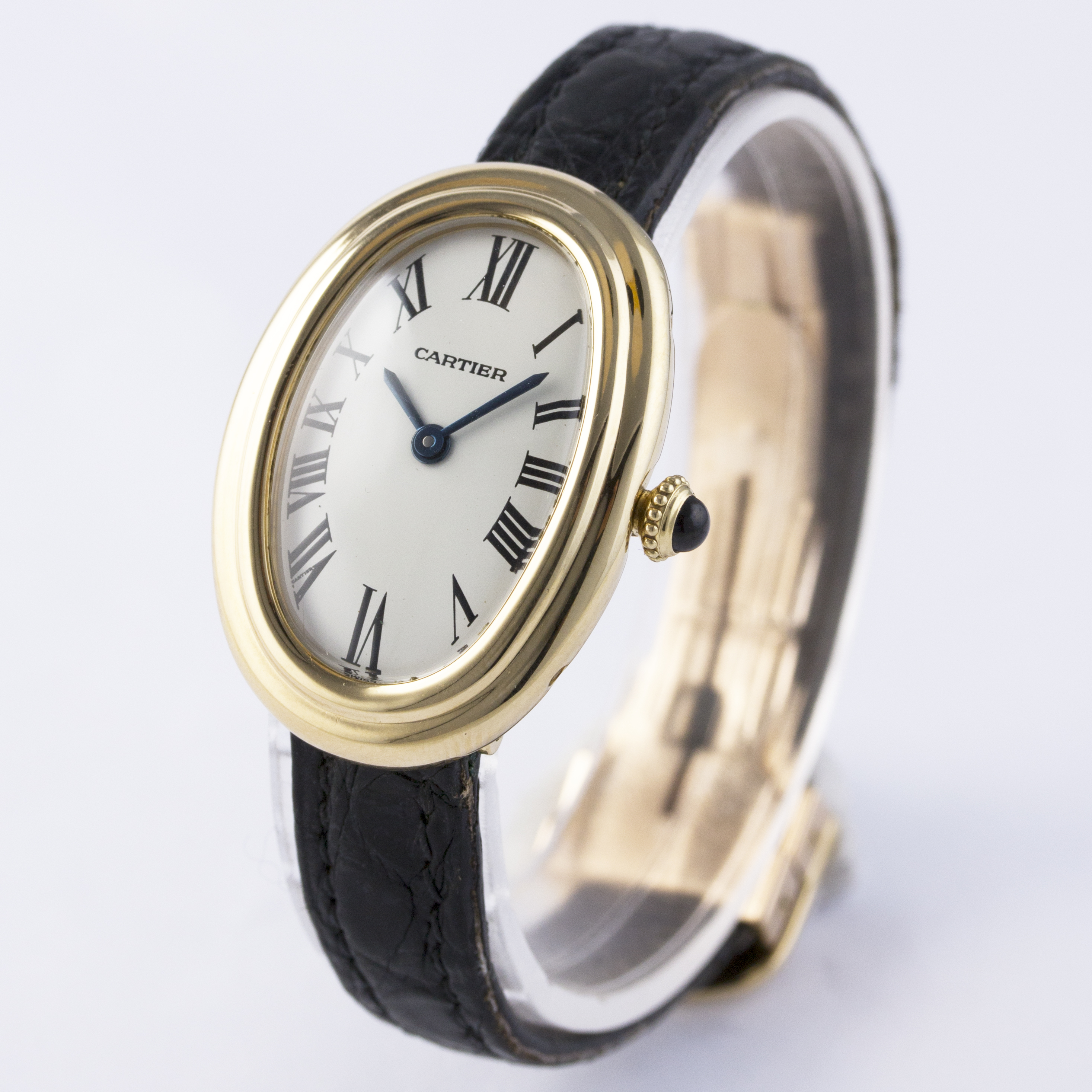 A FINE LADIES 18K SOLID GOLD CARTIER BAIGNOIRE WRIST WATCH CIRCA 1970s D: White dial with black - Image 3 of 7