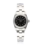 A LADIES STAINLESS STEEL ROLEX OYSTER PERPETUAL BRACELET WATCH CIRCA 2000, REF. 76030 D: Black "