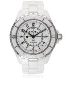 A FULL SIZE WHITE CERAMIC CHANEL J12 AUTOMATIC BRACELET WATCH CIRCA 2012 D: White dial with black