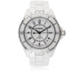 A FULL SIZE WHITE CERAMIC CHANEL J12 AUTOMATIC BRACELET WATCH CIRCA 2012 D: White dial with black