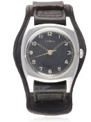 A GENTLEMAN`S STAINLESS STEEL LEMANIA CZECH MILITARY PILOTS WRIST WATCH CIRCA 1940s D: Black dial