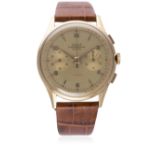 A GENTLEMAN'S LARGE SIZE 18K SOLID ROSE GOLD ZELUS CHRONOGRAPHE SUISSE CHRONOGRAPH WRIST WATCH CIRCA