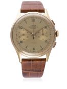 A GENTLEMAN'S LARGE SIZE 18K SOLID ROSE GOLD ZELUS CHRONOGRAPHE SUISSE CHRONOGRAPH WRIST WATCH CIRCA