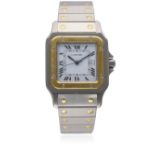 A GENTLEMAN'S STEEL & GOLD CARTIER SANTOS AUTOMATIC BRACELET WATCH CIRCA 1990s D: White dial with