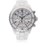 A LARGE WHITE CERAMIC CHANEL J12 AUTOMATIC CHRONOGRAPH BRACELET WATCH CIRCA 2012 WITH CHANEL BOX