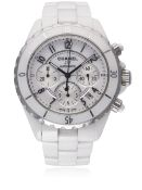 A LARGE WHITE CERAMIC CHANEL J12 AUTOMATIC CHRONOGRAPH BRACELET WATCH CIRCA 2012 WITH CHANEL BOX